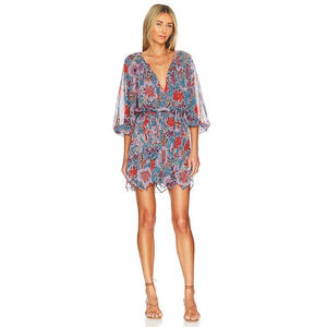 Misa Los Angeles Floral Tara Mini Dress Sheer Sleeves Cerulean Size L NWT